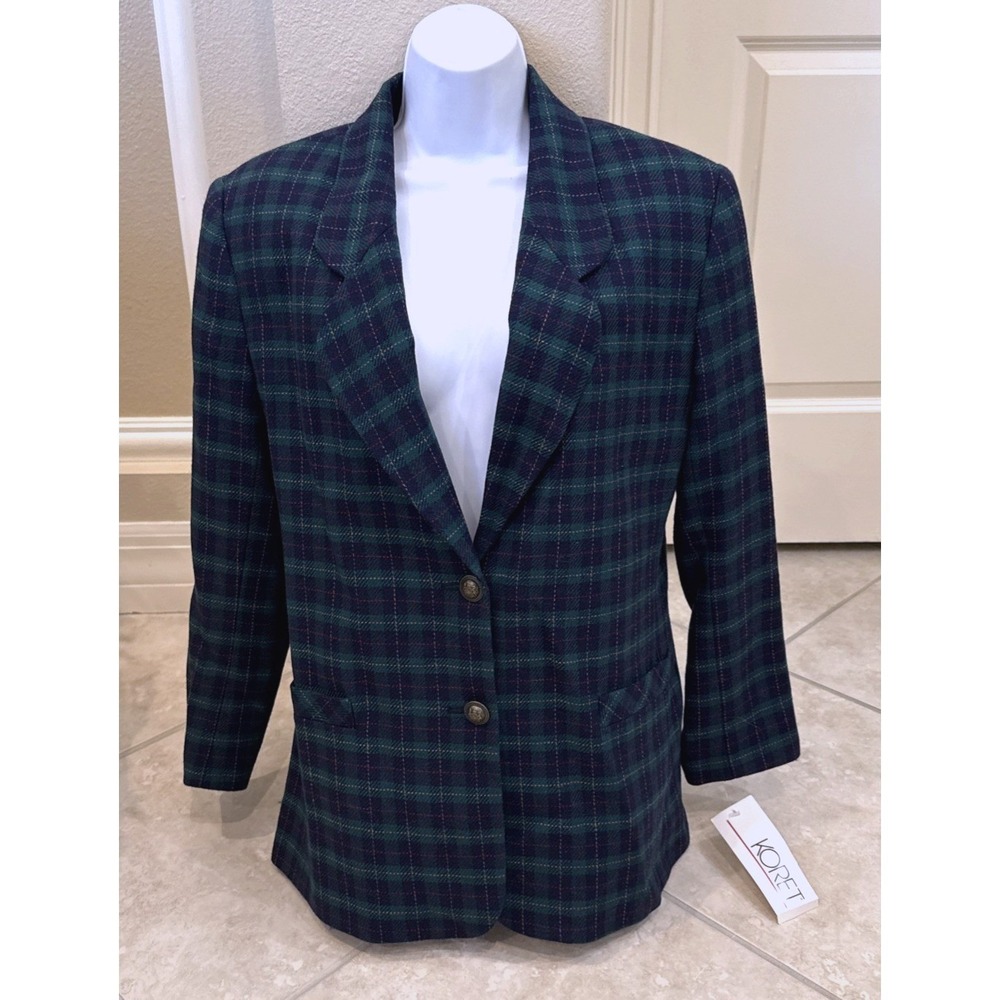 Koret Womens Plaid Wool Blend Blazer Jacket Green Navy Blue 121L189 Size 10 NWT